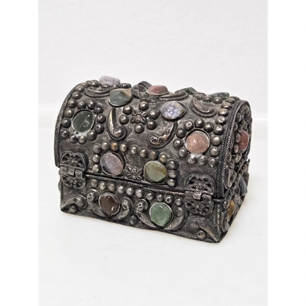 VTG India Agate Inlaid Jewelry Box Velvet Lined Trinket Wedding Box 4